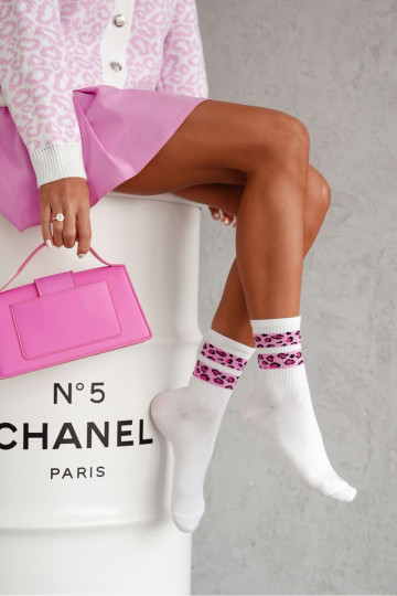 Socken Feminin DZua Gepunktet Streifen INeiß-pinke Farbe