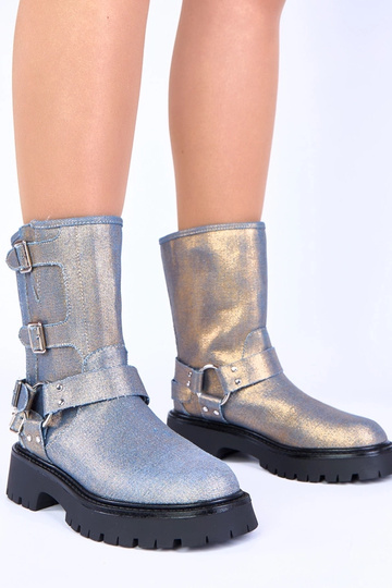 Blaue Stiefel mit goldfarbenen Schnallen Cara