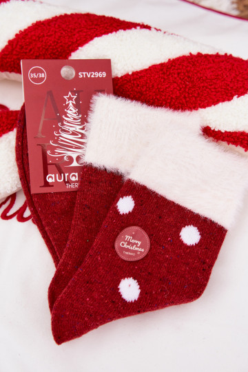 Socken Feminin INeihnachten mit Pelzmantel I Kropkami INełna Alpaka rote Farbe 2