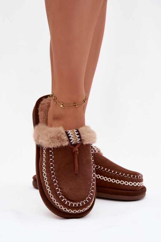 Hausschuhe Feminin mit Pelzmantel I Haftem braune Farbe Perivelle