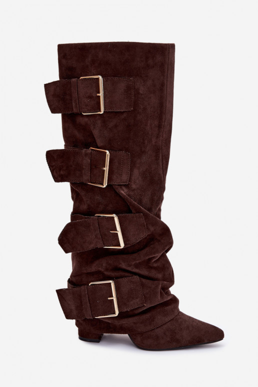 Damenstiefel mit AbsätzenINyZuiniętą CholeZuką I goldene Farbemi mit Schnallenmi aus Öko-INildlederoZue CzekoladoZue Isavelle