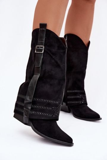 Damen schwarze Cowboy-Stiefel mit Dekoration und Schnallen Camilora 2