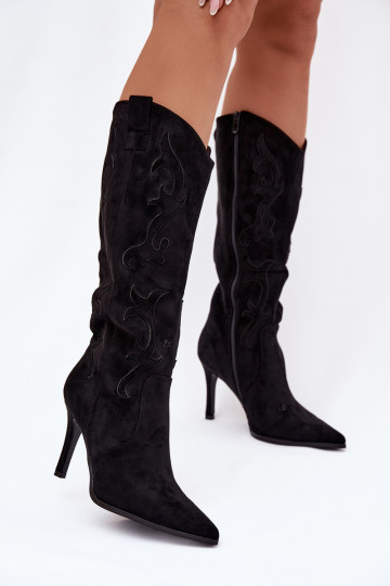 Damen schwarze Cowboy-Stiefel mit dünnen Absätzen aus Kunstwildleder Belonia