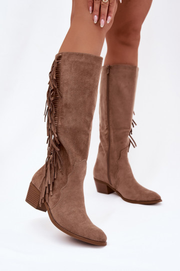 Chaki farbene warme Cowboy-Stiefel für Damen mit Absätzen und Fransen Firlina 2