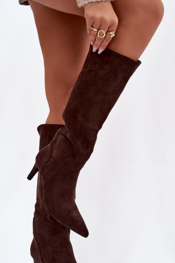 Schokoladenfarbene warme Damen Stiefel mit dünnen Absätzen aus Kunstwildleder Arelisse