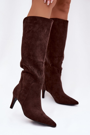 Schokoladenfarbene warme Damen Stiefel mit dünnen Absätzen aus Kunstwildleder Arelisse 2
