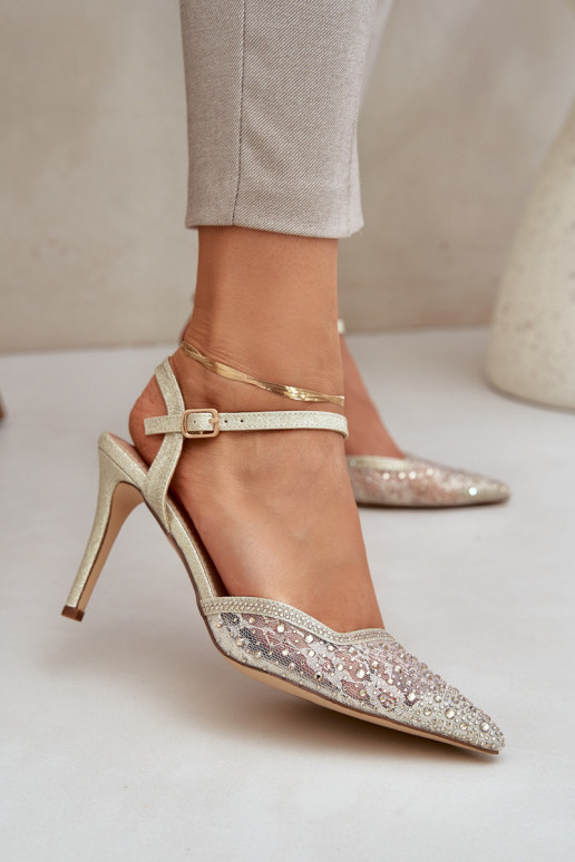 Dekorierte High Heels mit offenem Absatz in Goldfarbe Nadra