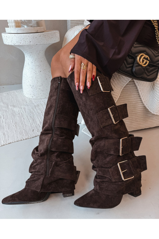 Schokoladenfarbene Damen Overknee-Stiefel mit Absatz, goldener Schnalle und weit geschnittenem Schaft aus Kunstwildleder Isave
