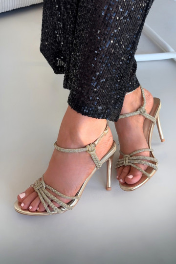 Damensandalen mit dünnen Absätzen mit Streifen Und Zirkone goldene Farbe Tanelle