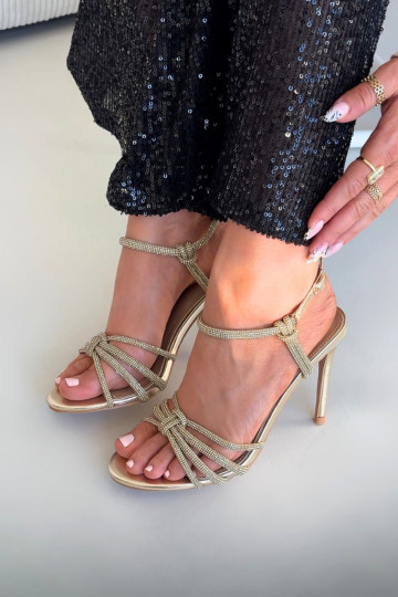 Damensandalen mit dünnen Absätzen mit Streifen Und Zirkone goldene Farbe Tanelle 2