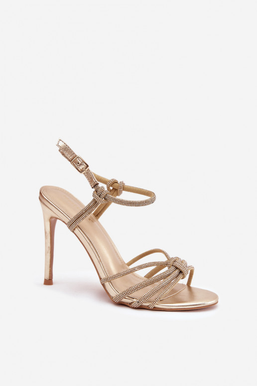 Damensandalen mit dünnen Absätzen mit Streifen Und Zirkone goldene Farbe Tanelle