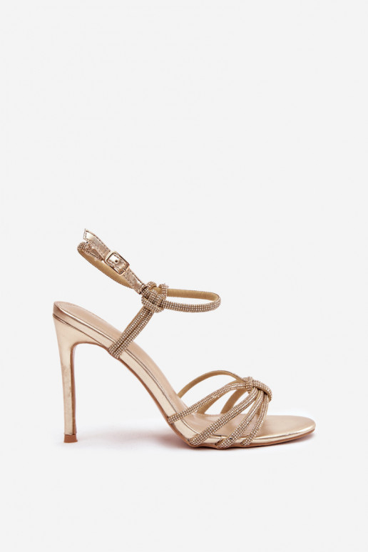 Damensandalen mit dünnen Absätzen mit Streifen Und Zirkone goldene Farbe Tanelle