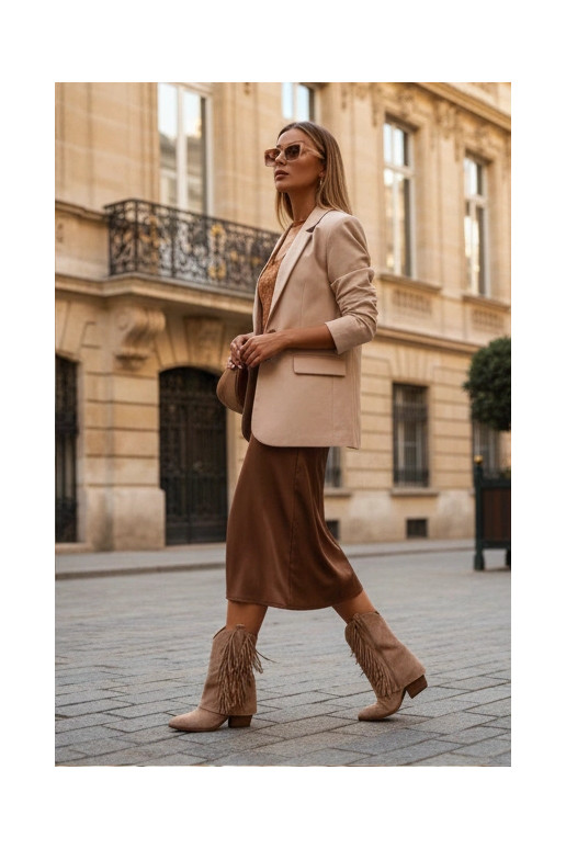 Chaki-farbene Damenstiefel im Cowboy-Stil mit Fransen und Absatz Gralina