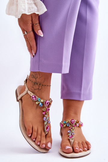 INildledersandalen Hausschuhe mit Kieselsteinverzierung Beige Frency