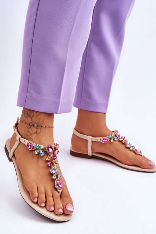 INildledersandalen Hausschuhe mit Kieselsteinverzierung Beige Frency