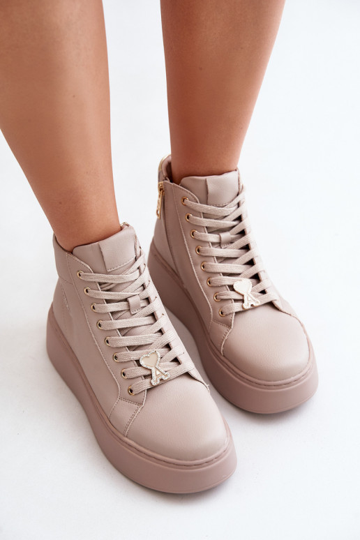 Groß Haut Sneakers Stilvollllschuhe Feminin mit einer Plattform Vinceza 66707 Beige