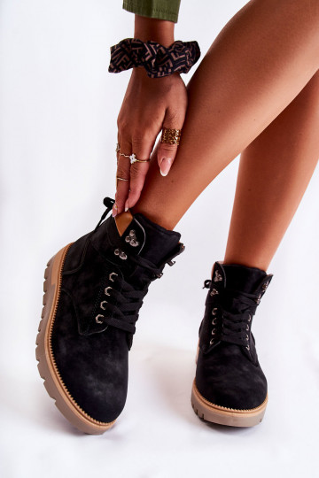 Schwarze Leder-Stiefeletten mit Plateausohle Ressa