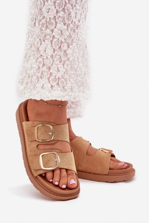 Damenhausschuhe mit einer Plattform Ze goldene Farbemi mit Schnallenmi braune Farbe Verena