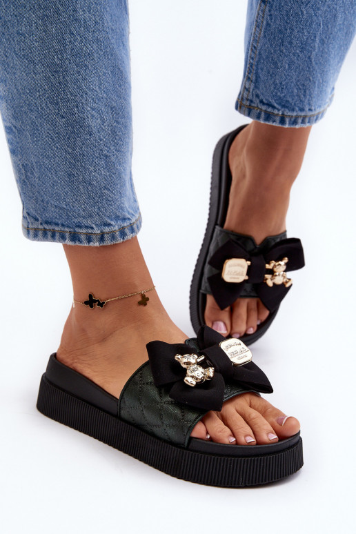 Feminin Hausschuhe mit Bändern i Teddybärenm schZuarze Farbe Katterina