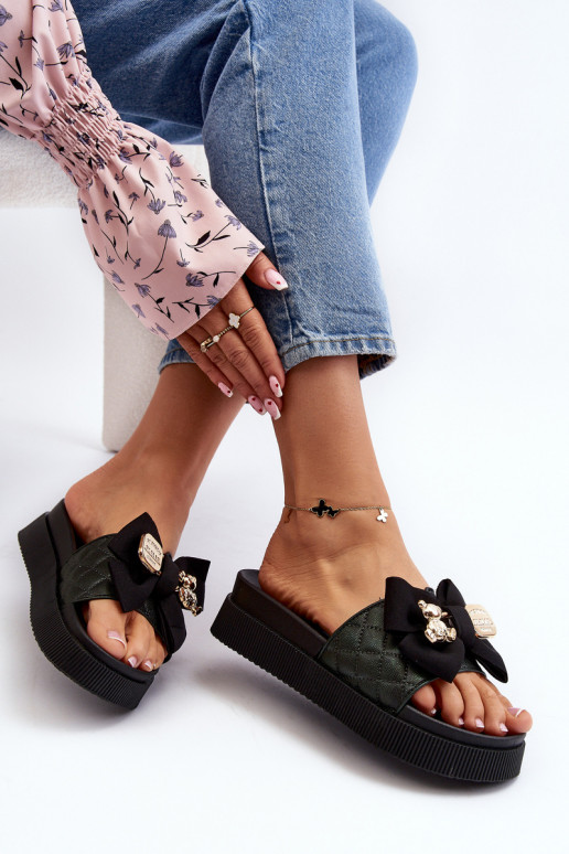 Feminin Hausschuhe mit Bändern i Teddybärenm schZuarze Farbe Katterina