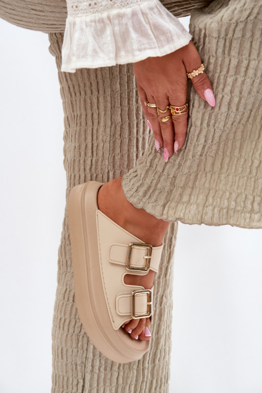 Damenhausschuhe mit einer Plattform Ze goldene Farbemi mit Schnallenmi Beige Zorila