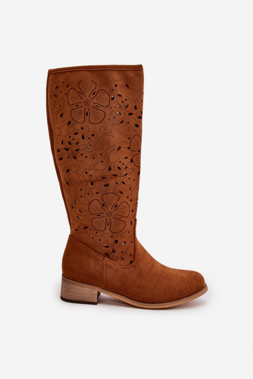 mit durchbrochenen Elementen Damenstiefel Auf niedrigem Absatz aus Öko-INildlederoZue Befestigt Zum Schloss braune Farbe Orchide