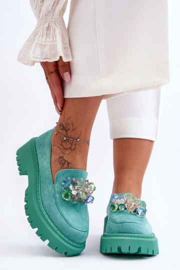 Damenmokassins mit künstlichen Kristallen grüne Farbe Avril 2