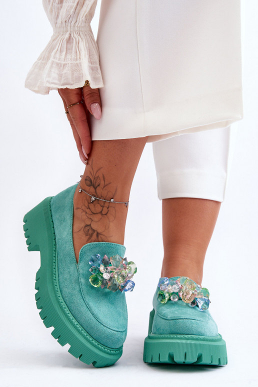 Damenmokassins mit künstlichen Kristallen grüne Farbe Avril