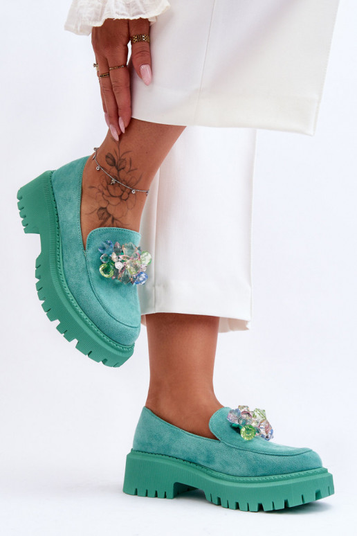 Damenmokassins mit künstlichen Kristallen grüne Farbe Avril