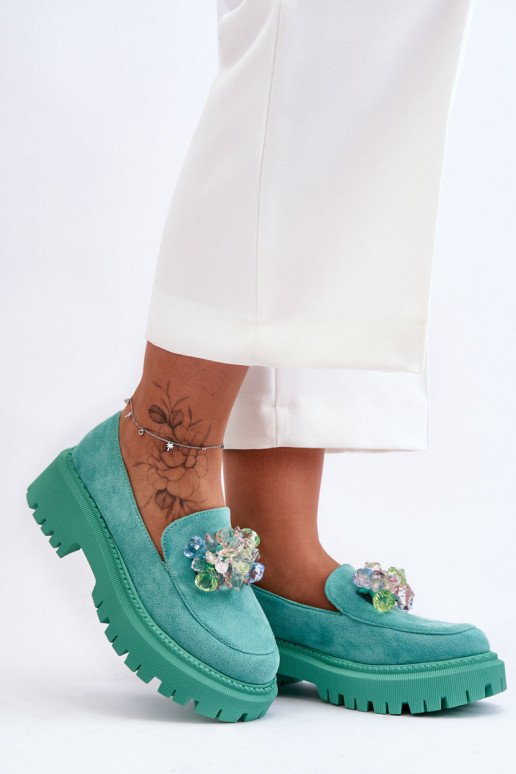 Damenmokassins mit künstlichen Kristallen grüne Farbe Avril