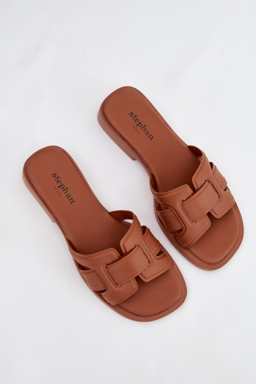 Damenhausschuhe mit breiten Absätzen braune Farbe Lorania