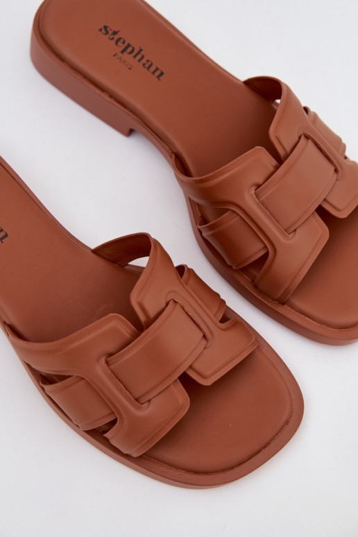 Damenhausschuhe mit breiten Absätzen braune Farbe Lorania