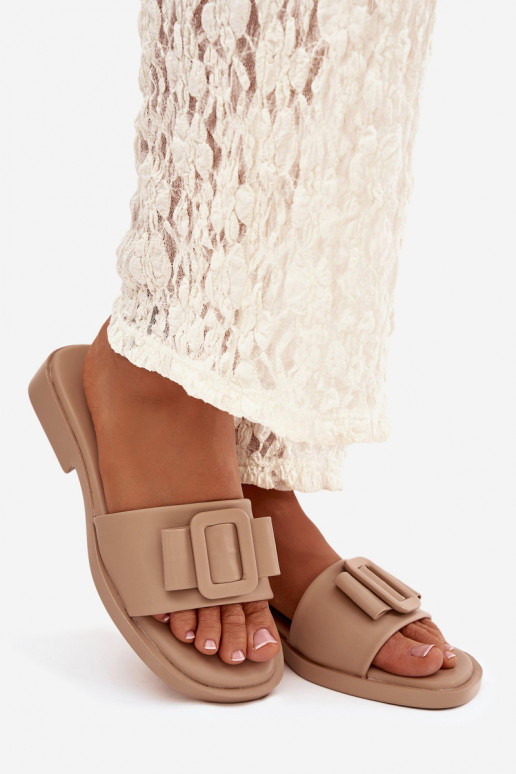 Damenhausschuhe mit breiten Absätzen mit Schnallen Beige Melivra