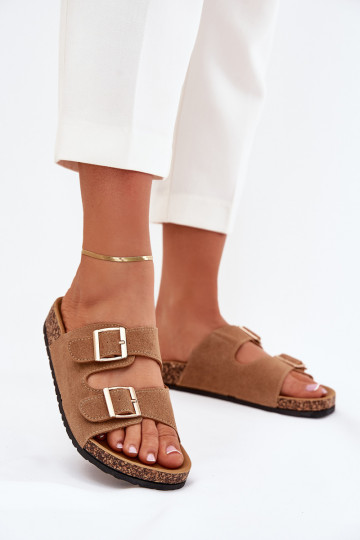 Damenhausschuhe Ze goldene Farbemi mit Schnallenmi I Przeszyciami braune Farbe Lunera 2