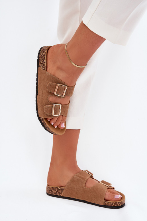 Damenhausschuhe Ze goldene Farbemi mit Schnallenmi I Przeszyciami braune Farbe Lunera