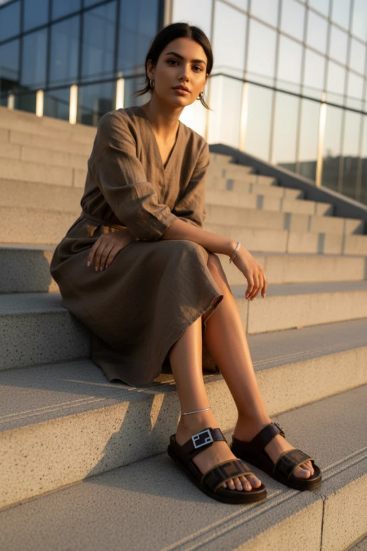 Damen Slipper mit goldenen Schnallen, braun