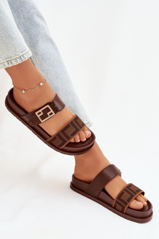 Damen Slipper mit goldenen Schnallen, braun