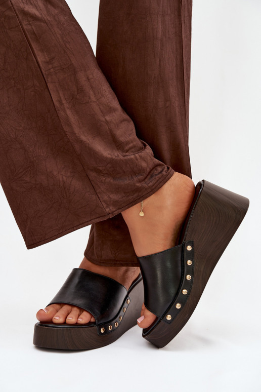 Damenhausschuhe Auf einem Keil Ze goldene Farbemi Stollen schZuarze Farbe Arionne