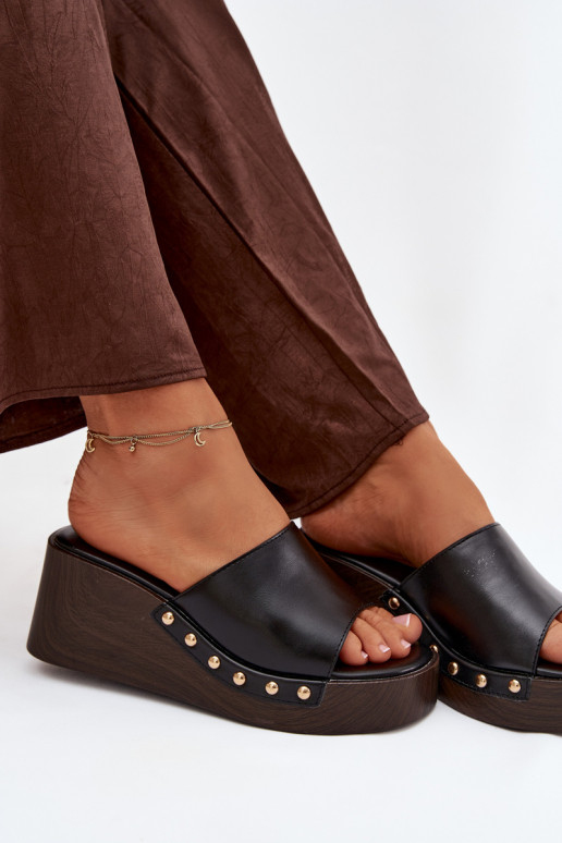 Damenhausschuhe Auf einem Keil Ze goldene Farbemi Stollen schZuarze Farbe Arionne