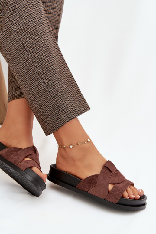 Damenhausschuhe aus Öko-INildlederoZue mit Streifen dunkelbraun Es mussrivessa