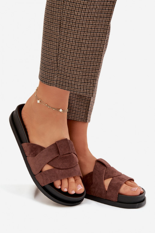 Damenhausschuhe aus Öko-INildlederoZue mit Streifen dunkelbraun Es mussrivessa