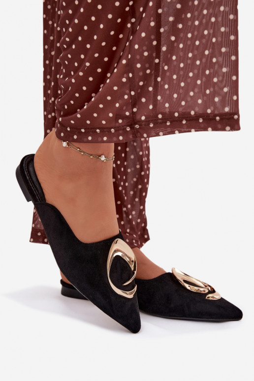 Damenhausschuhe Mule Mit Dekorationen goldene Farbem Detalem schZuarze Farbe Galvella