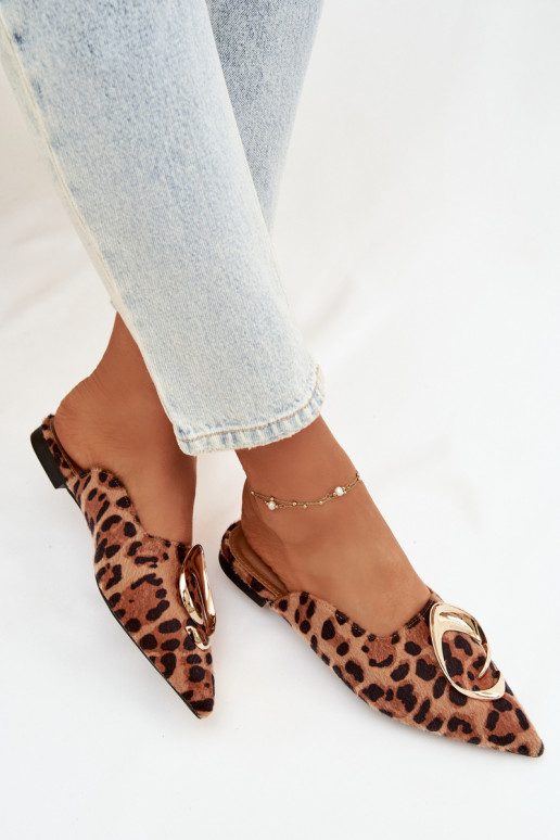 Damenhausschuhe Mule Mit Dekorationen goldene Farbem Detalem mit Leopardenfellmuster Galvella