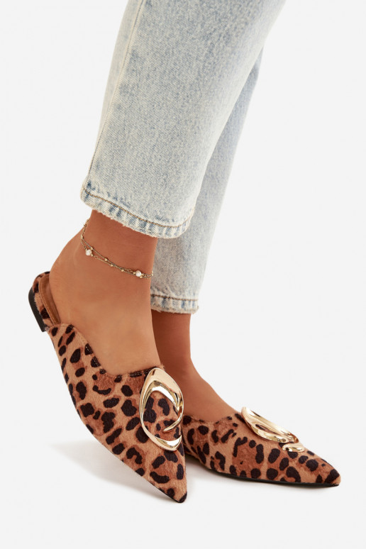 Damenhausschuhe Mule Mit Dekorationen goldene Farbem Detalem mit Leopardenfellmuster Galvella
