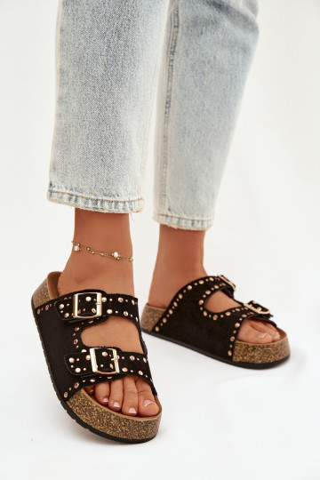 Damenhausschuhe Ze goldene Farbemi mit Schnallenmi Und Stollen schZuarze Farbe Tervina 2