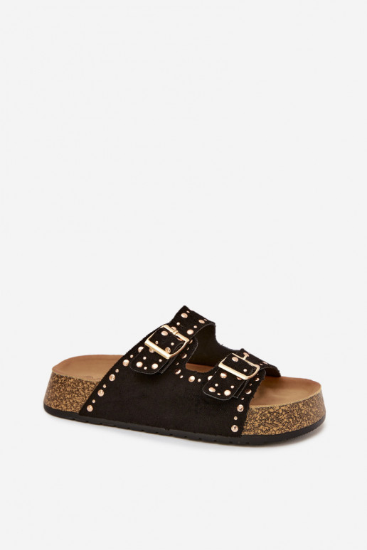 Damenhausschuhe Ze goldene Farbemi mit Schnallenmi Und Stollen schZuarze Farbe Tervina