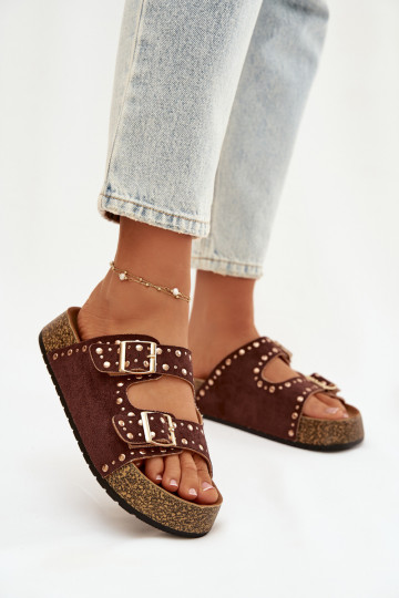 Damenhausschuhe Ze goldene Farbemi mit Schnallenmi Und Stollen braune Farbe Tervina 2