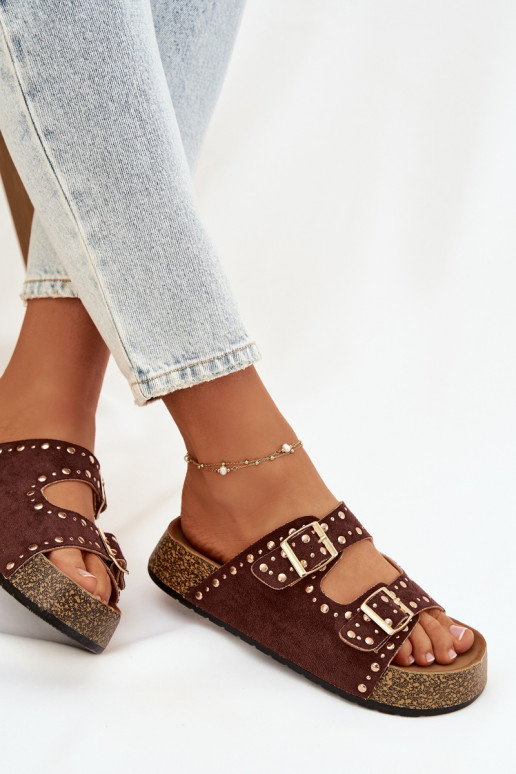 Damenhausschuhe Ze goldene Farbemi mit Schnallenmi Und Stollen braune Farbe Tervina