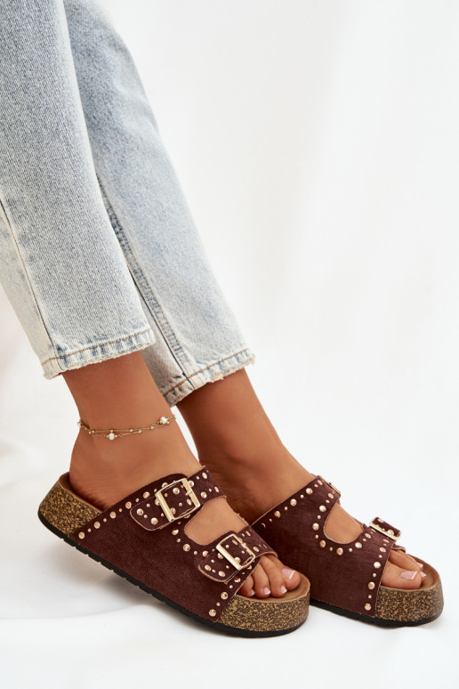 Damenhausschuhe Ze goldene Farbemi mit Schnallenmi Und Stollen braune Farbe Tervina