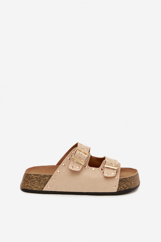 Damenhausschuhe Ze goldene Farbemi mit Schnallenmi Und Stollen elfenbeinfarbe Tervina